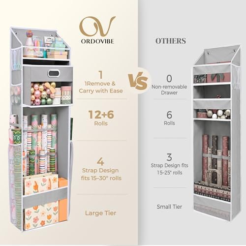 Ordovibe Wrapping Paper Storage Organizer, Over The Door Gift Wrap Holder with Removable Drawer & Side Mesh Pockets – Space Saving Closet Organizer for Christmas, Halloween, Birthday Rolls Supplies Gray - Image 3