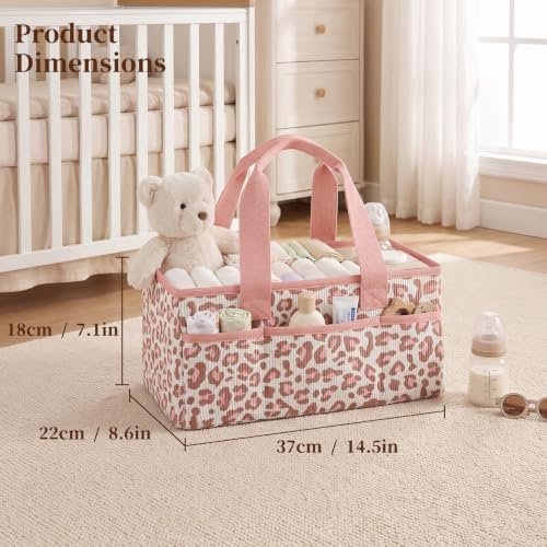Baby Diaper Caddy Organizer with Portable Changing Mat-Portable Baby Organizers and Storage, Gift for Baby Shower, Corduroy Baby Essentials Organizer with Removable Dividers (Pink Leopard) - Image 2