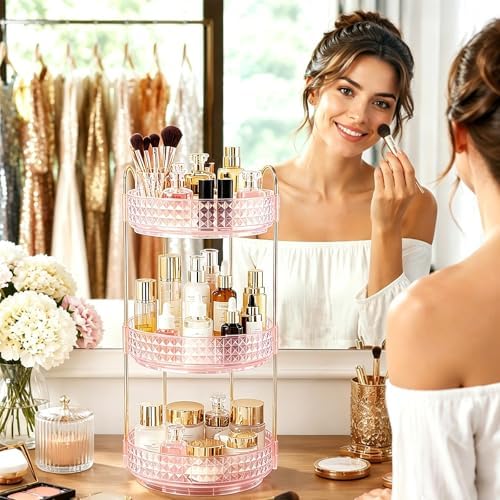 Fangoo 3 Tiers Pink Rotating Makeup Organizer for Vanity 360 Spinning Skincare Organizers for Dresser Perfume Organizer Large Skincare Make up Storage Cosmetic Organizer for Bathroom Countertop - Image 5