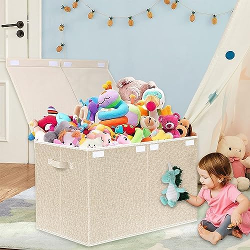 Large Toy Box Chest Storage with Lid - Collapsible Kids Toys Boxes Organizer Bins Baskets with Handles for Boys, Girls, Nursery, Playroom, Clothes, Blanket, Bedroom(Beige) - Image 2