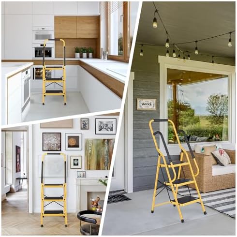 Step Ladder 3 Step Folding with Handrails, Folding Step Stool with Wide Anti-Slip Pedal, Sturdy Steel Portable Ladder, Lightweight Step Stool Foldable for Library Home Garage Office, Yellow - Image 6