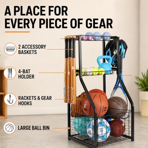 YueTong Garage Sports Organizer with Ball Rack, Bat Holder and 4 Hooks - Image 3