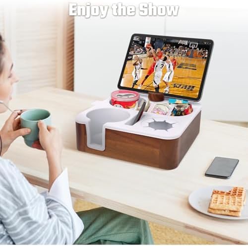 Couch Cup Holder Tray, Real Acacia Wooden Caddy with Soft Silicone, Snack and Drink Organizer- Perfect Movie Night Accessories for Bed, Remote and Cup Holders for Sofa (White) - Image 5