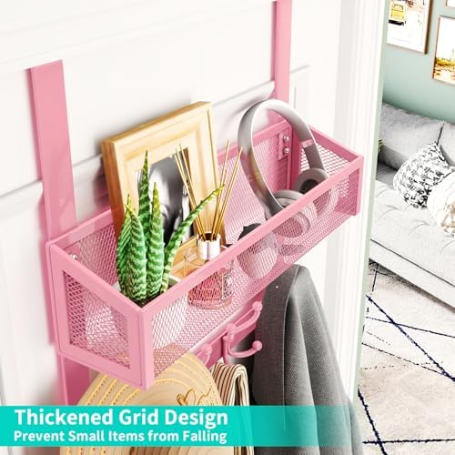 HapiRm Over The Door Hooks - Easy Installation Pink Door Hanger with Basket and 16 Hooks, 304 Stainless Steel Storage Organizer for Towels, Coats, Bathroom, Kitchen, Dorm-Pink - Image 2