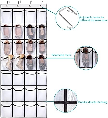 REGELETO 2 Pack 28 Pocket Over the Door Shoe Organizer, Hanging Shoe Rack for Door Large Capacity Shoe Organizer Holder with 4 Metal Hooks (White-2Pack) - Image 4