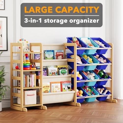 SpaceAid 3-in-1 Toy Storage Organizer with 4 Shelves and 12 Bins, Toy Organizers Storage 3-Tier Bookshelf, Kids Bin Shelf Box Bookcase for Bedroom Playroom Organization Room Decor, Blue and Navy Blue - Image 2