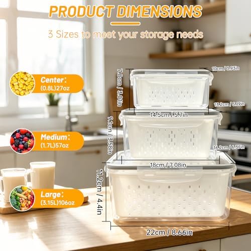 3 Pack Fruit Storage Containers for Fridge with Removable Colander - Image 2