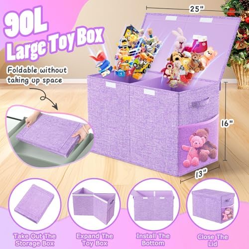 Large Toy Storage Box with Lid, Dividers, Collapsible Kids Toy Chest Purple - Image 2
