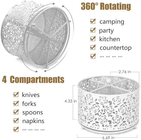 DysanVica Rotating Metal Silverware Caddy - Utensil Holder Countertop White - Image 2