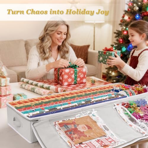 Criusia Gift Wrapping Paper Organizer Storage, Durable Underbed Storage Container Fits 24 Rolls, with Removable Dividers and Pockets for Ribbon, Ornaments, Holiday Accessories, Grey - Image 2