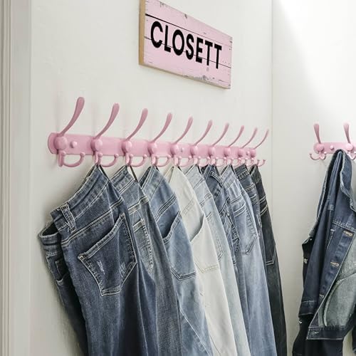 Dseap Coat Rack Wall Mount - 38” Long 10-Tri-Hooks Heavy Duty Coat Hanger Rail Wall Hooks for Hanging Coats Hats Clothing Clothes Purse Mudroom Entryway, Pink - Image 4