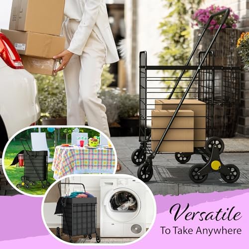Our Modern Space Stairs Climbing Shopping Cart w/Waterproof Basket Liner & 360° Swivel Wheels | Foldable Collapsible & Lightweight | Perfect for Groceries Laundry Utility Cart - Black - Image 5