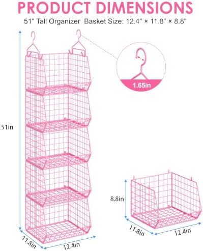 5 Tier Closet Hanging Organizer, Clothes Hanging Shelves with 4 Hanging Hooks 5 S Hooks, Wire Storage Basket Bins, for Clothing Sweaters Shoes Handbags Clutches Accessories Patent Design-Pink - Image 2