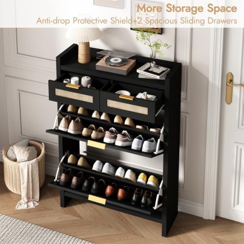 HOKYHOKY Rattan Shoe Storage Cabinet with 2 Drawers & 2 Flip Drawers - Image 3