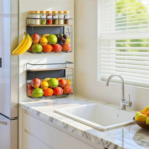 Haotao Magnetic Shelf for Fridge With Wood Lid,Fruit Vegetable Potato & Onion Organizers Storage Basket Bins For Refrigerator Kitchen Countertop Container - Image 7
