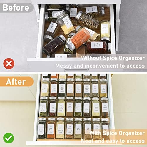 Spice Drawer Organizer with 28 Spice Jars and 216 Labels,Non-slip Rubber, Bamboo 4 Tier Spice Racks Tray Seasoning Containers for Kitchen Drawers,Cabinets,Countertops,13" Wide * 15.8" Deep - Image 5