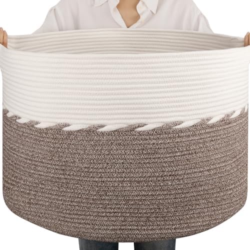 OIAHOMY 105L Extra Large Blanket Basket - Decorative Cotton Rope Storage Basket for Bedroom, Living Room & Nursery - Woven Laundry Hamper for Organizing Blankets, Clothes & Toys - Brown & White by MasterofSpaceOptimization