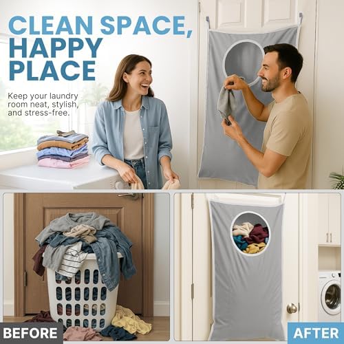 Hanging Laundry Hamper Bag XL 40x22", Space Saving over the Door Storage Bags, Behind the Door Hampers for Dirty Clothes & Wall Mounted Basket for Bathroom - Image 4