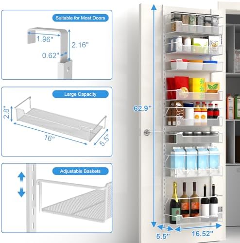 VyGrow Over the Door Pantry Organizer, 8-Tier Over the Door Organizer with Adjustable Basket, Pantry Door Organization for Pantry Kitchen Storage Room Spice Rack, White - Image 3