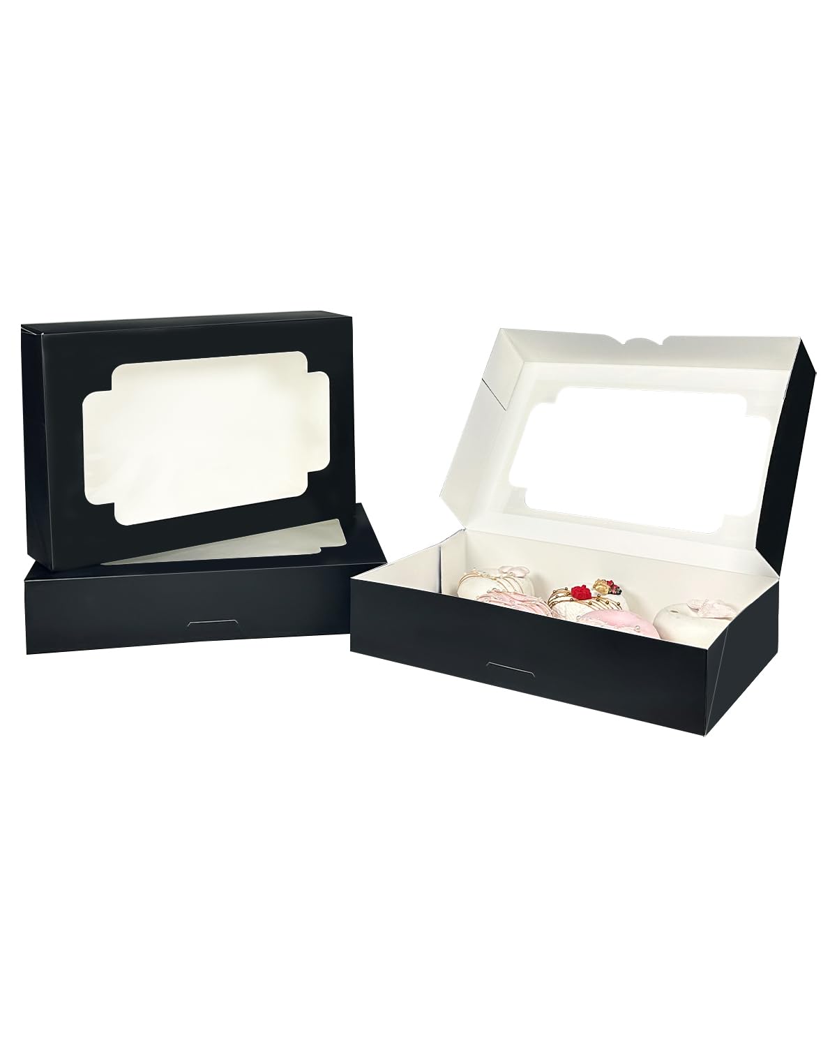 qiqee Auto-pop up Black Cookie Box with Window 12x8x2.5 inch 32 Packs Two Uses One Second Folding Pastry Biscuit Bakery Box for Packaging