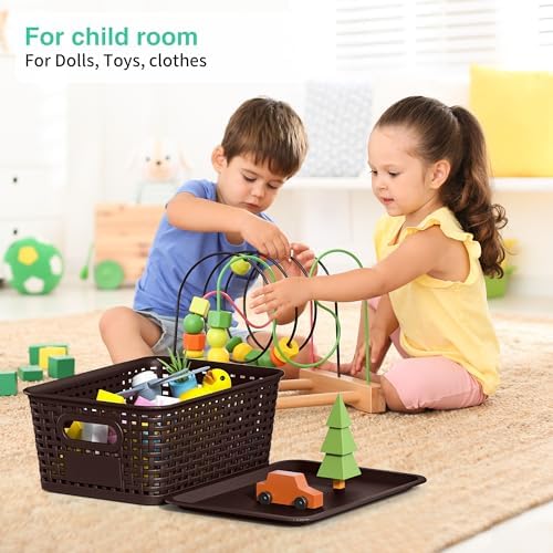 8 Pack Plastic Storage Baskets,Brown Stackable Bins with Lid - Image 4
