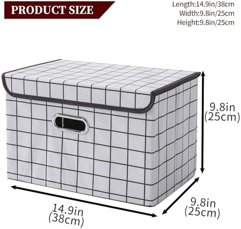 STOREONE Fabric Storage Cube Bins Foldable Organizer Container Collapsible Basket with Lids and Metal Handles, for Home, Bedroom, Closet 3 Pcs (White grid) - Image 2