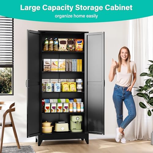 SISESOL 75" Tall Pantry Cabinet,Farmhouse Kitchen Pantry Storage Cabinets with 2 Doors and 4 Shelves,Black Metal Storage Cabinet,Large Cupboard for Home,Kitchen,Dining/Living Room - Image 2