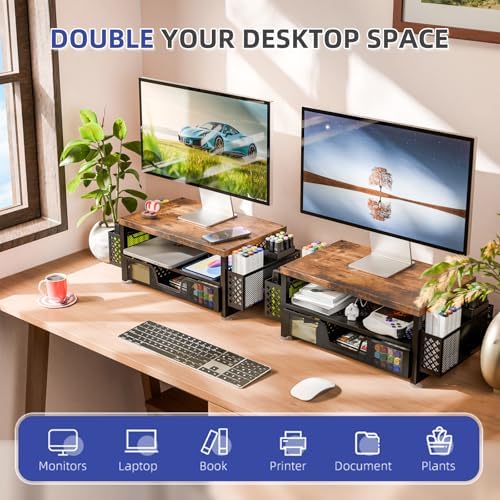 Simple Trending Monitor Stand with Drawer, 2-Tier Laptop Stand, Wood - Image 5