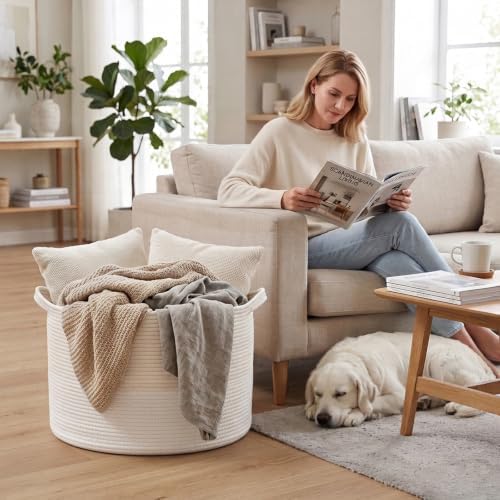 115L Extra Large Woven Cotton Rope Blanket Basket-White - Image 4