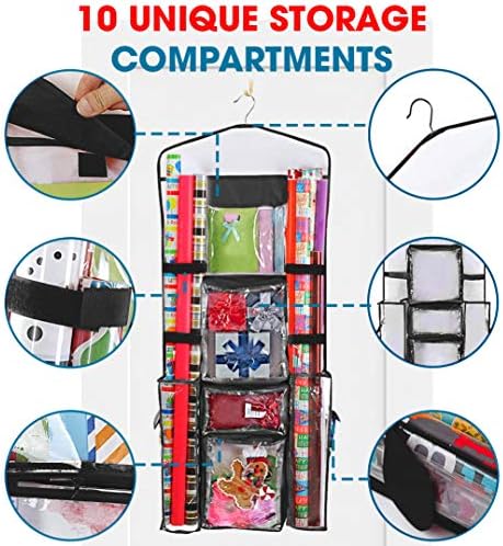ProPik Hanging Double-Sided Gift Wrap Organizer, Wrapping Paper Storage with Multiple Front and Back Pockets, Organize Your Gift Bags Bows Ribbons 40”X17" Fits 40 Inch Rolls (Black seam) - Image 3