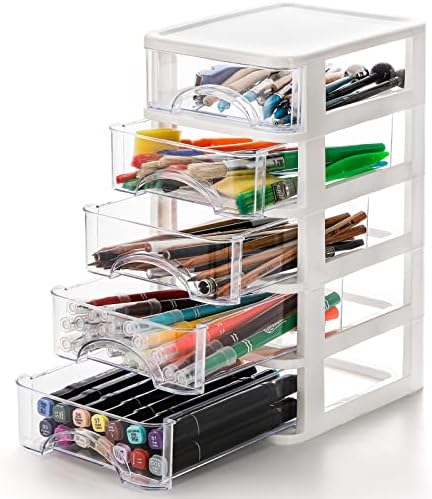 Hedume Desktop Drawer, Clear 5 Drawer Desktop Storage Unit, White Frame with Clear Drawers, Drawer Unit by Hedume