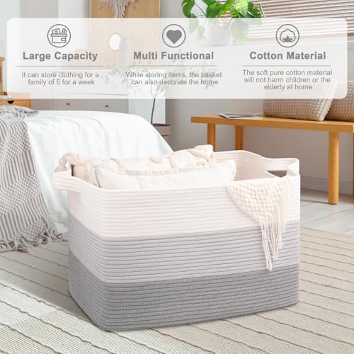 OIAHOMY Extra Large Blanket Basket, 95L Cotton Rope Woven Laundry Basket, Toy Bin for Baby Room, Container for Blanket Storage in Living Room, 24''×17''×14'', Gradient Grey - Image 5