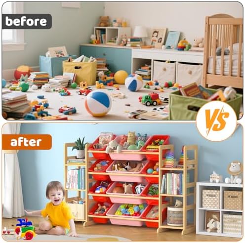 Large Toy Storage Organizer Kids Toy Organizer and Bookshelf Combo with 12 Bins and 6 Shelves Toy Organization Box Toy Shelf for Playroom, Bedroom, Nursery - Image 5