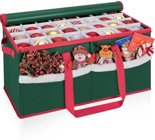 Christmas Ornament Storage Box with Adjustable Dividers Zippered Top Stores up to 128 Holiday Ornaments (3 Inch) Xmas Ball Decorations Organizer Storage Container Bin by Unknown