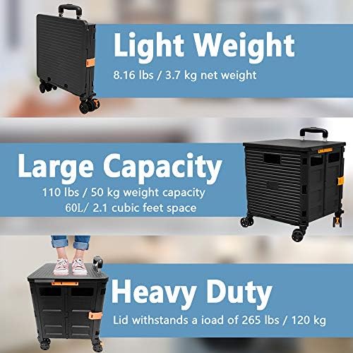 Foldable Utility Cart Portable Rolling Crate Handcart Shopping Trolley Collapsible 4 Rotate Wheels with Durable Heavy Duty Plastic Telescoping Handle for Travel Shopping Moving Storage Office Use - Image 3