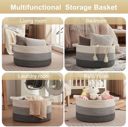 OIAHOMY 90L Extra Large Blanket Basket - Decorative Cotton Rope Storage Basket for Bedroom, Living Room & Nursery - Woven Laundry Hamper for Organizing Blankets, Clothes & Toys - Gradient Grey - Image 4