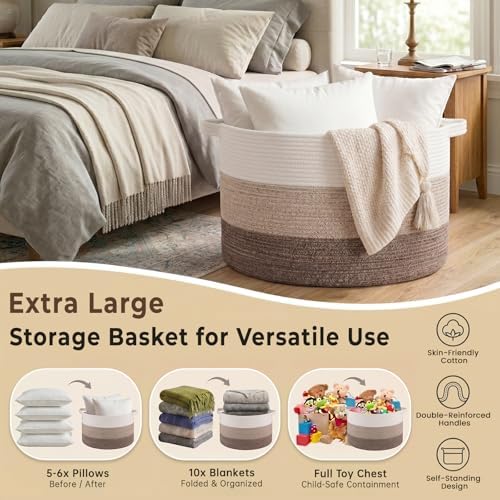 OIAHOMY 90L Extra Large Blanket Basket - Decorative Cotton Rope Storage Basket for Bedroom, Living Room & Nursery - Woven Laundry Hamper for Organizing Blankets, Clothes & Toys - Gradient Brown - Image 3