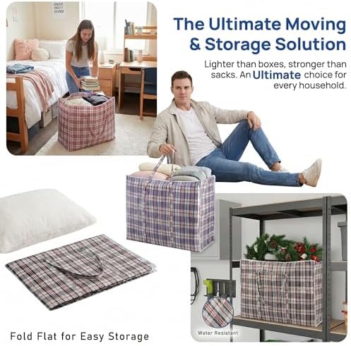 Hiceeden 9 Pack 108L Checkered Moving Storage Bags, Extra Large Travel Plaid Bag Alternative to Moving Boxes, Dorm Laundry Tote Organizer with Zipper and Handle for Clothes, Bedding, Red/Blue/Black - Image 5