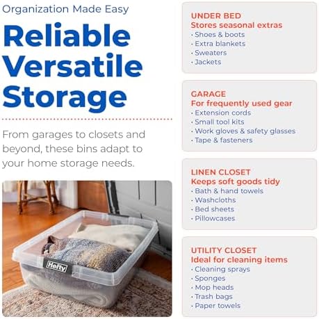 Hefty 40 Qt Hi-Rise Storage Bin with Lid, Stackable Plastic Storage Container, Organizer for Home, Garage & Closet, 6 Pack, Gray - Image 6