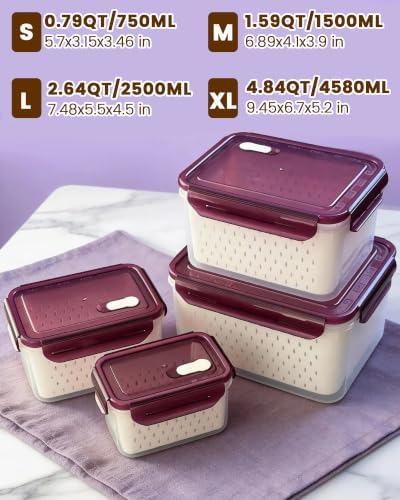 TBMax 8 Pieces Airtight Fruit Storage Containers for Fridge with Air Circulation Vent, 4 Pack Produce Saver with Colander for Berry Lettuce Salad Vegetable Storage, Refrigerator Organizers -Purple - Image 2