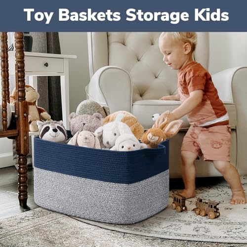 Goodpick 75L Extra Large Woven Blanket Basket, 22" x 17" x 12", Blue - Image 4