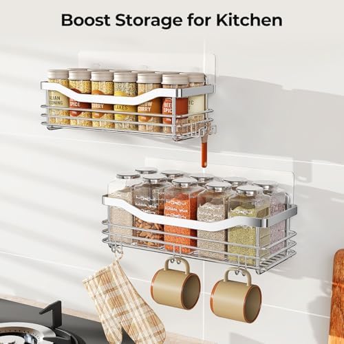 Orimade Shower Caddy Basket Shelf Storage Rack Pack of 2, No Drilling Wall Mounted Adhesive Rust Resistant Stainless Steel Shower Organizer with 5 Hooks for Bathroom, Toilet, Kitchen - Image 3
