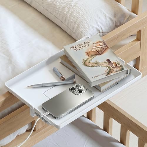 COOL-ANGLE Bedside Shelf for Bunk Bed & College Dorm, 13x9.5 Clamp-On Floating Nightstand with Hidden Storage & Cable Management, Fits Bed Rails up to 2.9", White by COOL-ANGLE