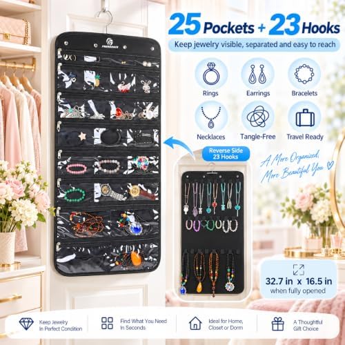 Freegrace Hanging Jewelry Organizer, 25 Zippered Pockets, 23 Necklace Hooks - Image 4