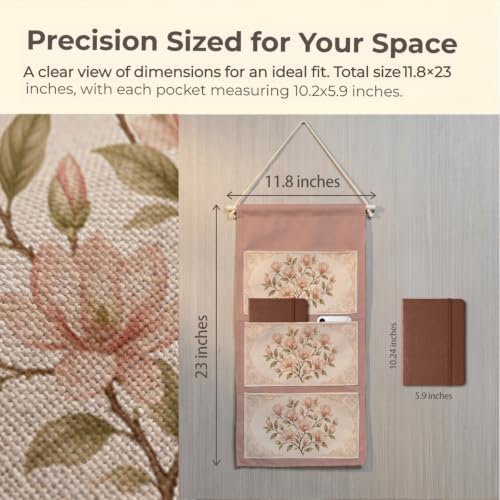 IAXIC Vintage Pink Magnolia Canvas Wall Hanging Organizer with Pockets - Image 3