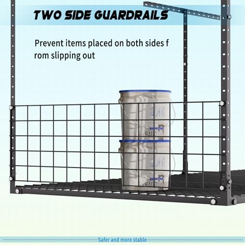 Overhead Garage Storage Rack,3x8 FT Garage Shelving Storage Organizer System with Side Guardrails,Heavy-Duty Metal Ceiling Racks,Load 600LBS Weight - Image 6