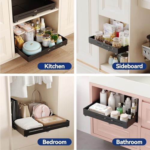 Pull out Cabinet Organizer, Full Metal Expandable Width (14.8"-20.8") & Depth (12.4"-17.7") Adjustable Slide out Drawers, No Drill Adhesive Roll out Shelves for Kitchen Pantry, Black - Image 6