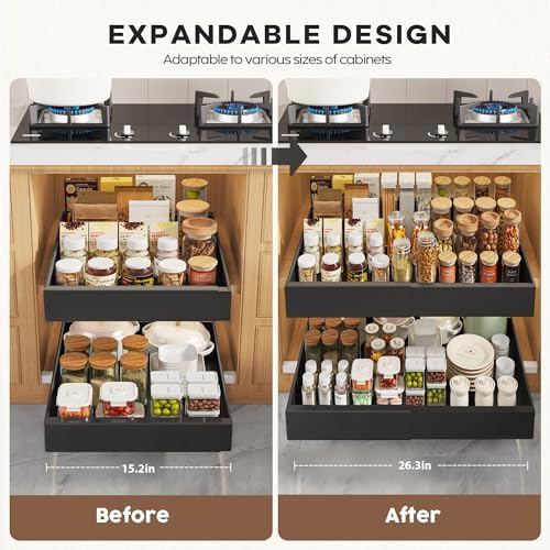Seinloes 4 Pack Pull Out Cabinet Organizers 21" Deep With Raising Pad for Framed Cabinets, Expandable Width (15.2"-26.3") Slide Out Drawers Upgrade 3 Slide Rails, Roll Out Shelves Adhesive, Black - Image 3