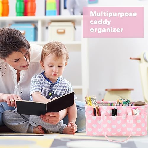 Diaper Caddy Organizer for Baby Girl-Nursery Storage Bin-Portable Car Organizer for Diapers and Baby Wipes- Baby Shower Registry Basket Newborn Must Have Tote Caddy Bag（Pink Heart） - Image 3