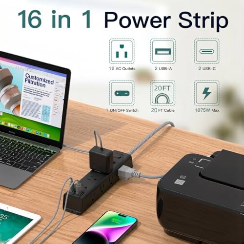 20FT Long Extension Cord, Power Strip with 12 AC Outlets & 4 USB Ports - Image 2